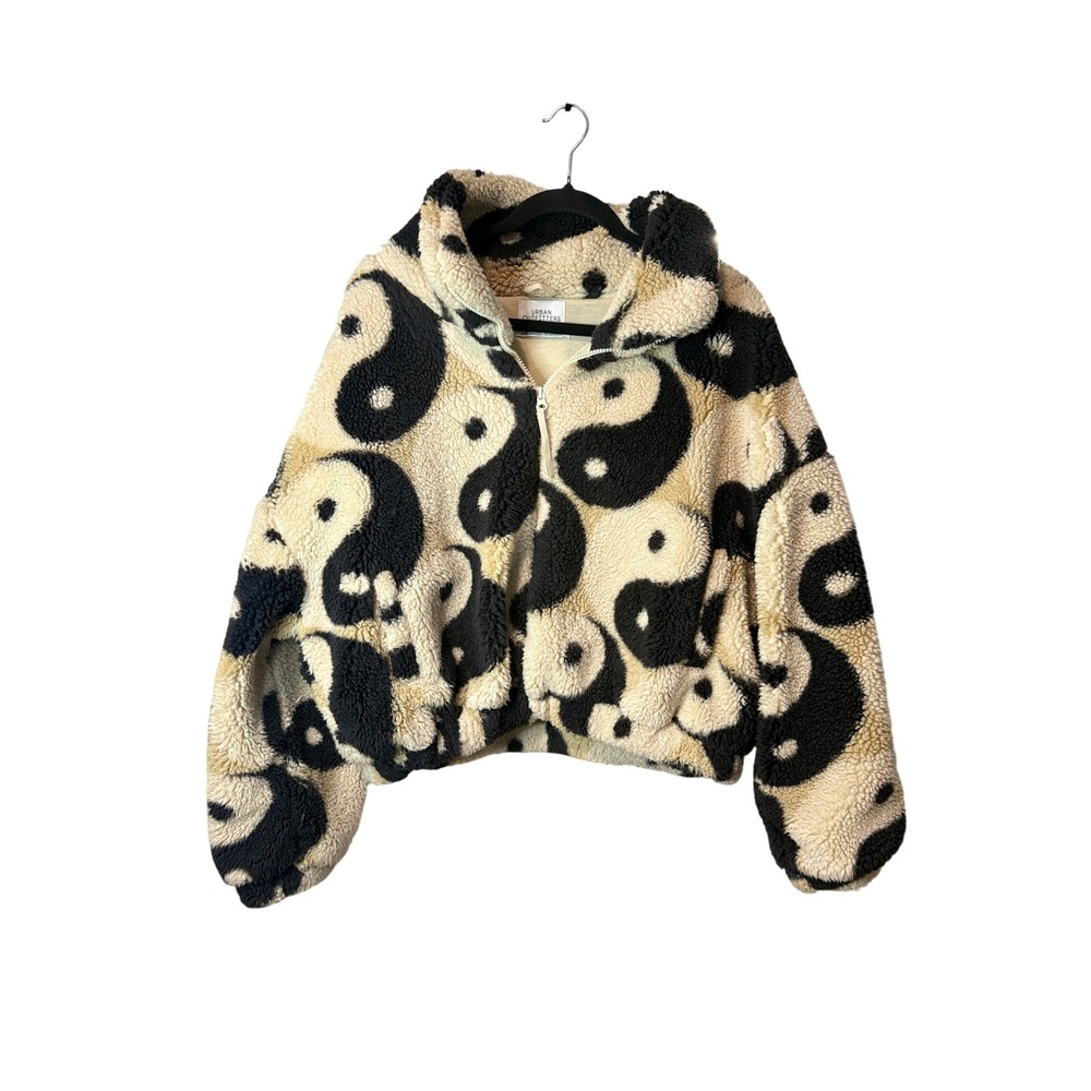 Urban Outfitters Yin Yang Sherpa Fleece Jacket Cream Black Small Cropped Zip Up